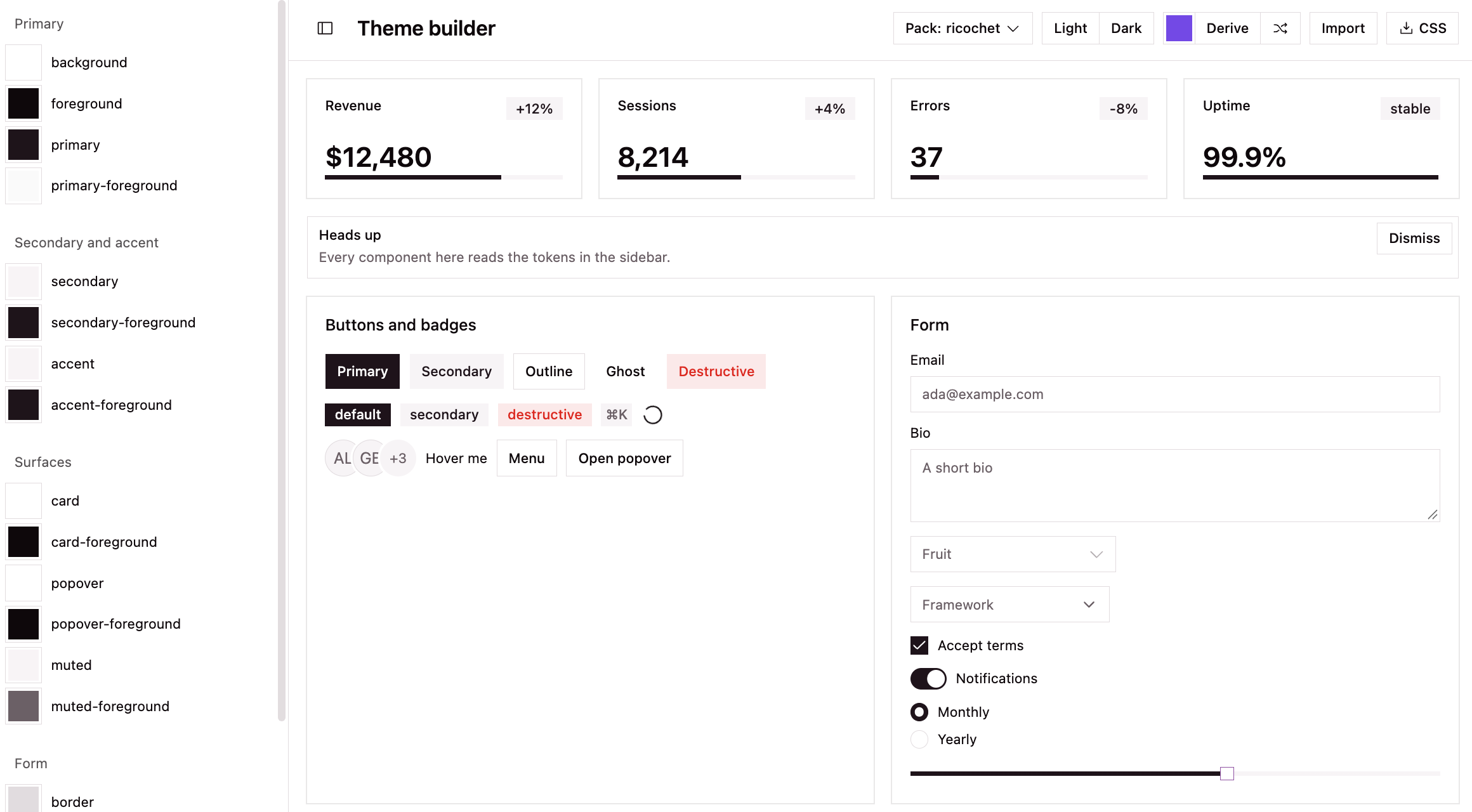 The theme builder on the ricochet style pack