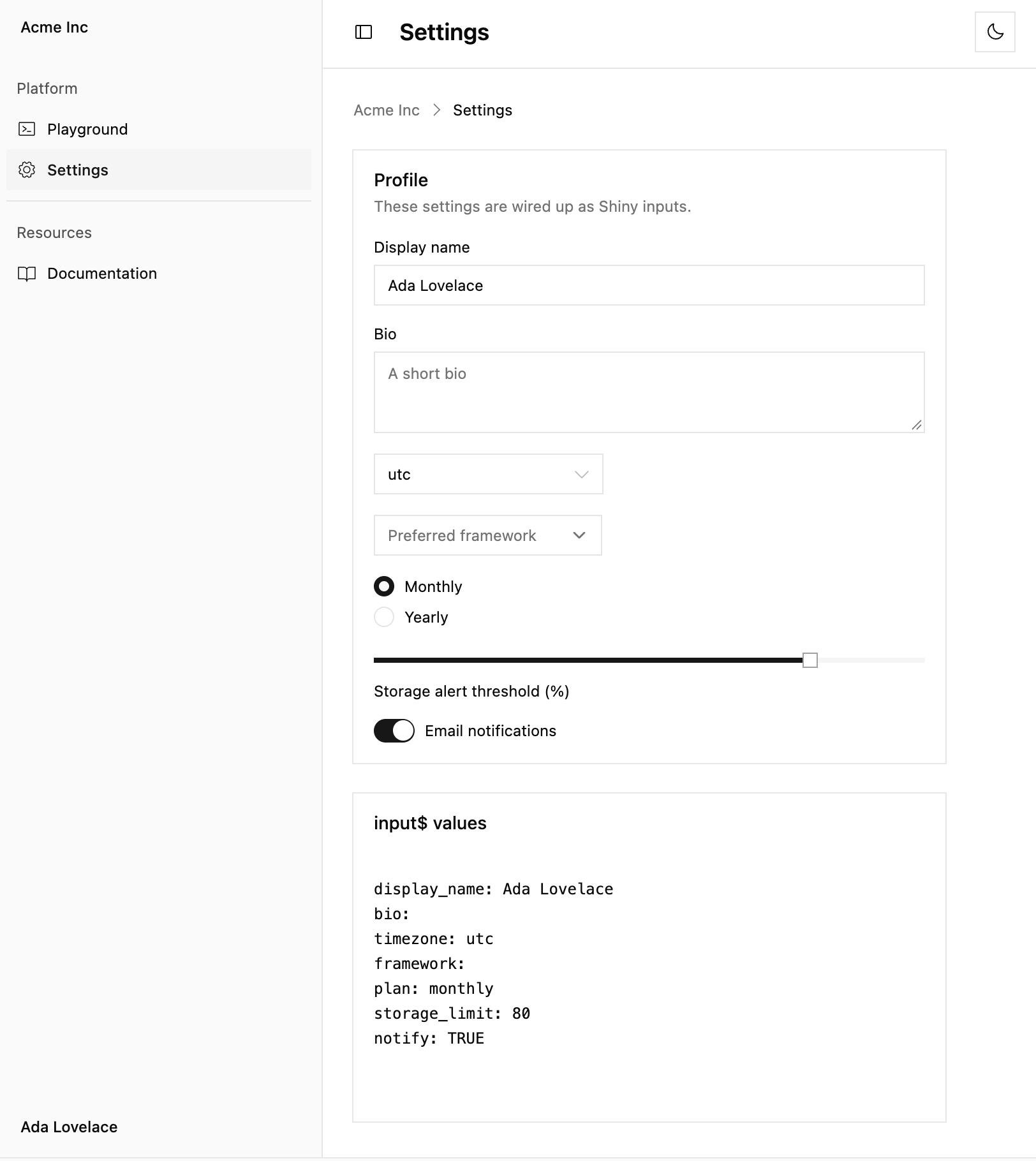A Shiny app using bc_page_sidebar(), with basecoat inputs wired to input$